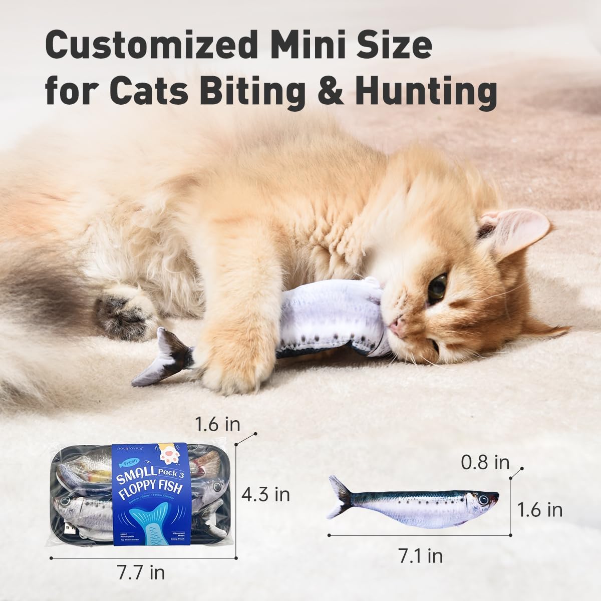 Petgravity Bite-Sized Realistic Flopping Fish Cat Toys, 3 Pack, Interactive Cat Toys for All Breeds, Tap-Activated 3 Fla