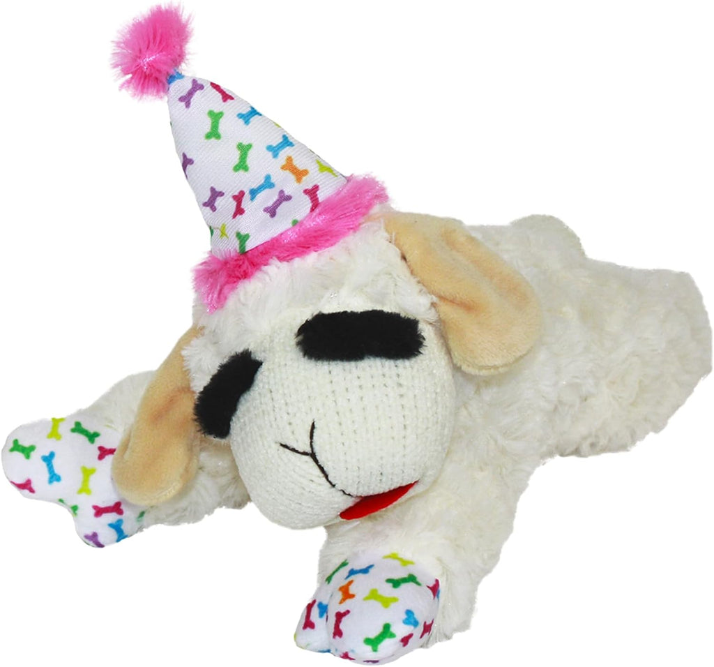 Multipet Lamb Chop Dog Plush Toy with Birthday Hat - Squeaky Dog Toy