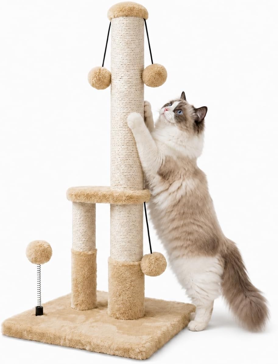 Dimaka Tall Cat Scratching Post, Double Lower Posts Extra Stable Cat Post Tree Scratcher with Sisal Rope and Teasing 4 B