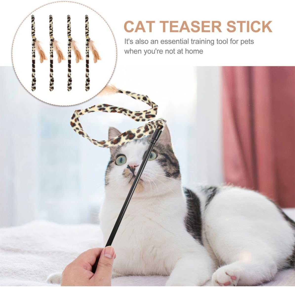 WOONEKY 4pcs Leopard Print Feather Cat Teaser Wand Interactive Plaything