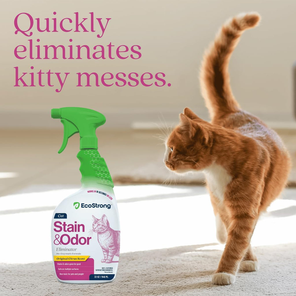 Eco Strong Cat Stain And Odor Remover | Enzyme Urine Odor Neutralizer - Stain Remover for Carpet, Litter Boxes, Bedding,