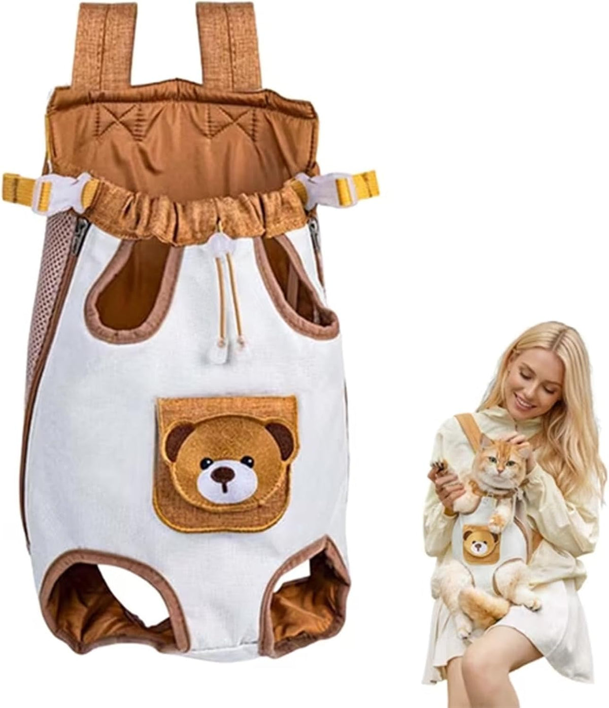 Pet Backpack Carrier, Bear‑Decor Breathable Pet Travel Backpack, Adjustable Hands‑Free Puppy Cat Carrier Bag, Comfort Ou