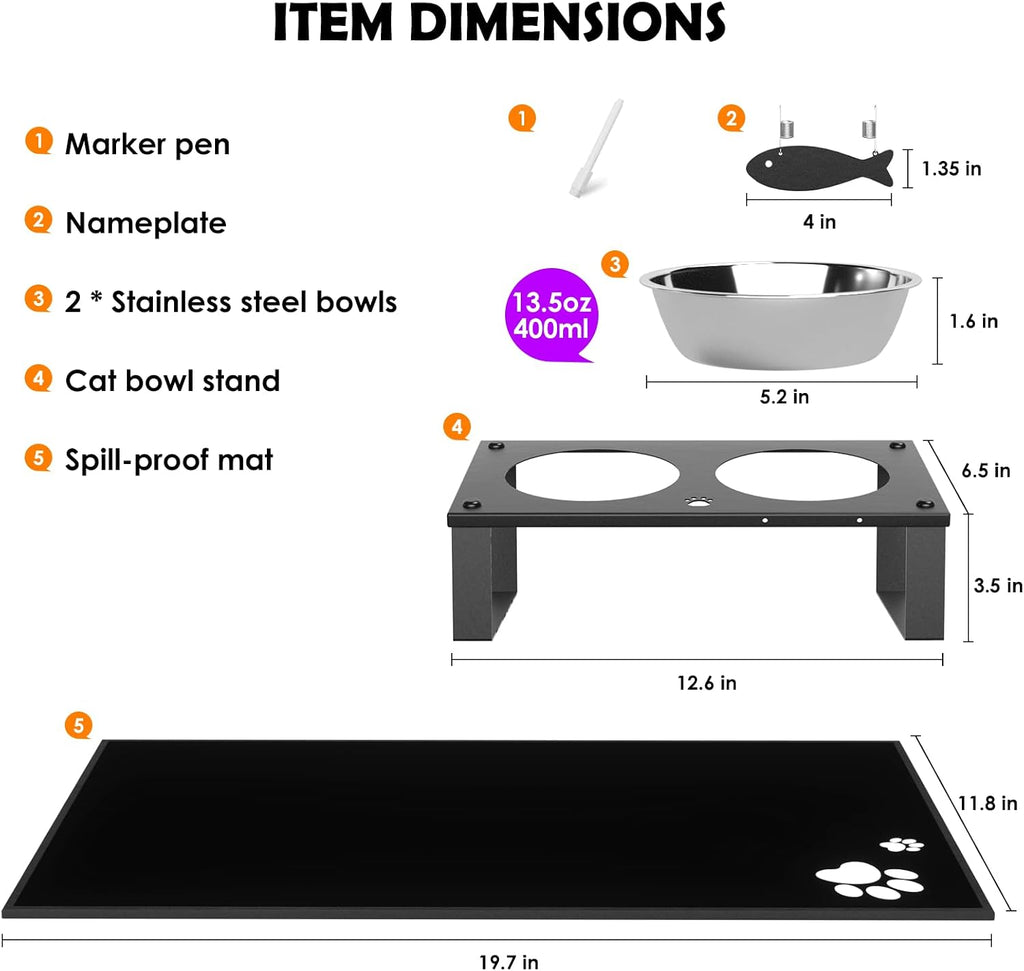Elevated Cat Bowls with Splash Proof Mat for Kitten Puppy, 10° Tilted Raised Cat Bowl Stand Anti-Vomiting, 2 Wide Shallo
