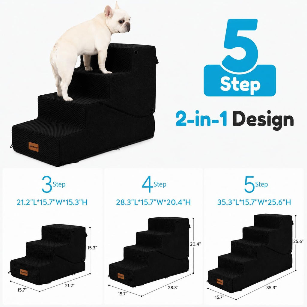 5-Step Dog Stairs and Ramp for Small Dogs and Cats, Pet Steps for High Bed with Non-Slip Bottom, Black