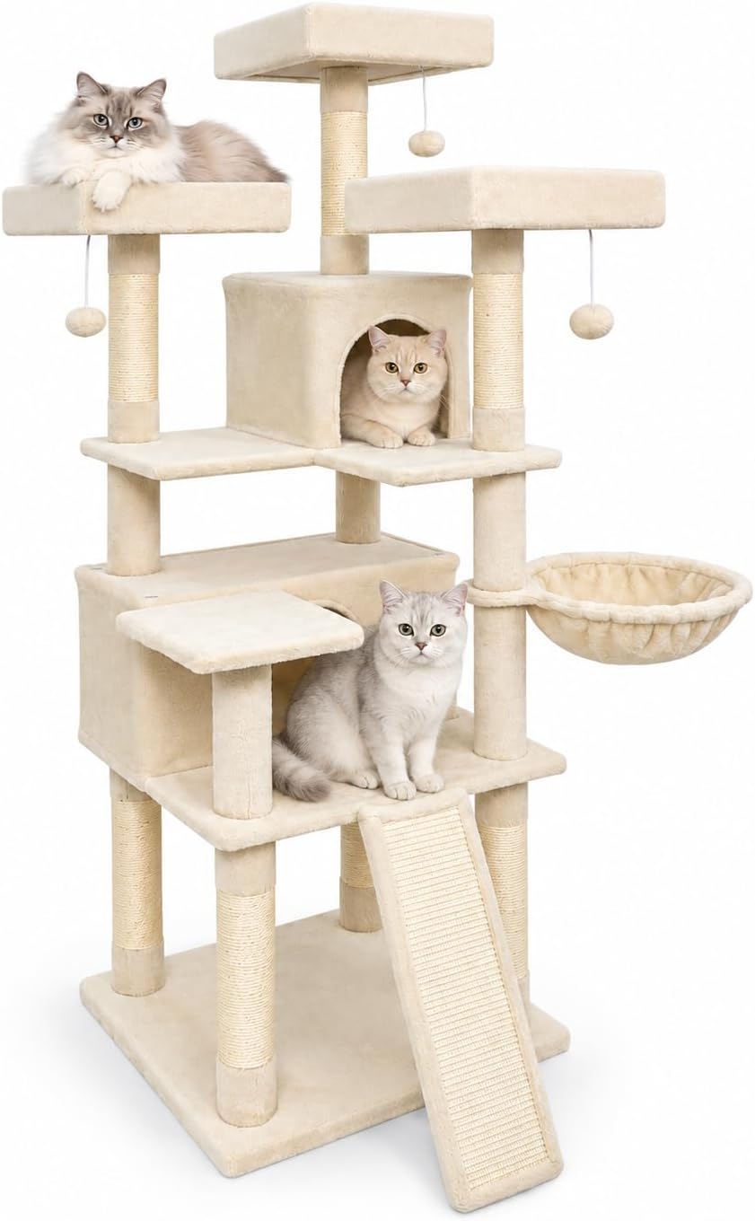 66" Tall Cat Tree Tower with Scratch Board, 3 Perches, Beige
