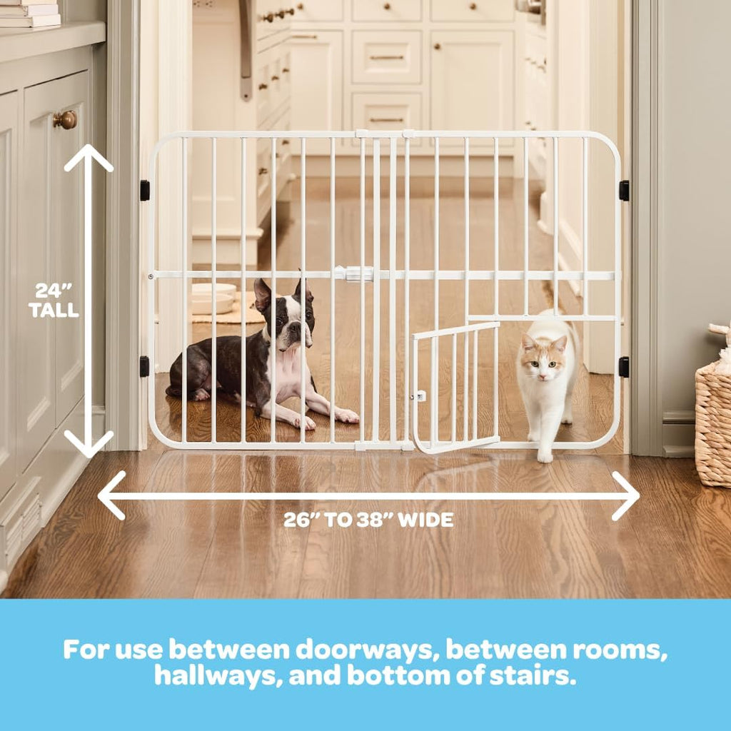 Carlson Pet Products Tuffy Metal Expandable Pet Gate, Includes Small Pet Door, 24 x 22-38 Inch, White