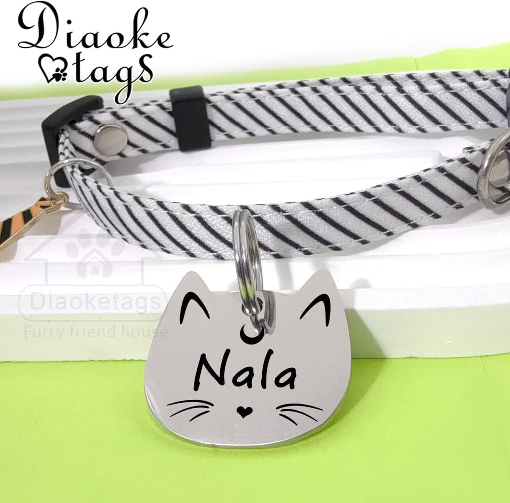 Personalized Cat Head ID Tag, Stainless Steel Engraved Pet Name Tag