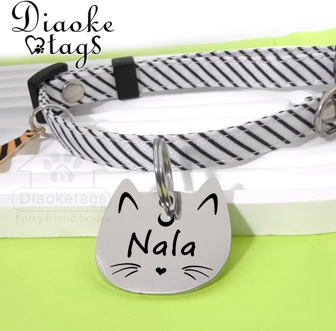 Personalized Cat Head ID Tag, Stainless Steel Engraved Pet Name Tag