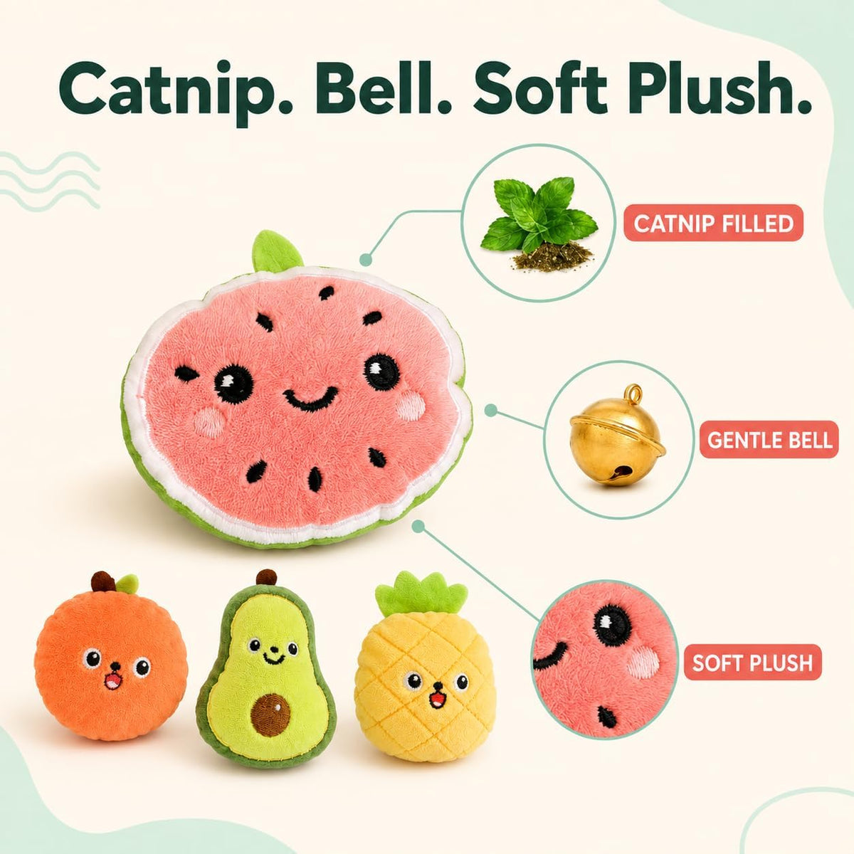 4-Pack Catnip Toys for Cats with Bells, Fruit-Shaped Soft Plush Interactive Set in Gift Box for Indoor Cats and Kittens,