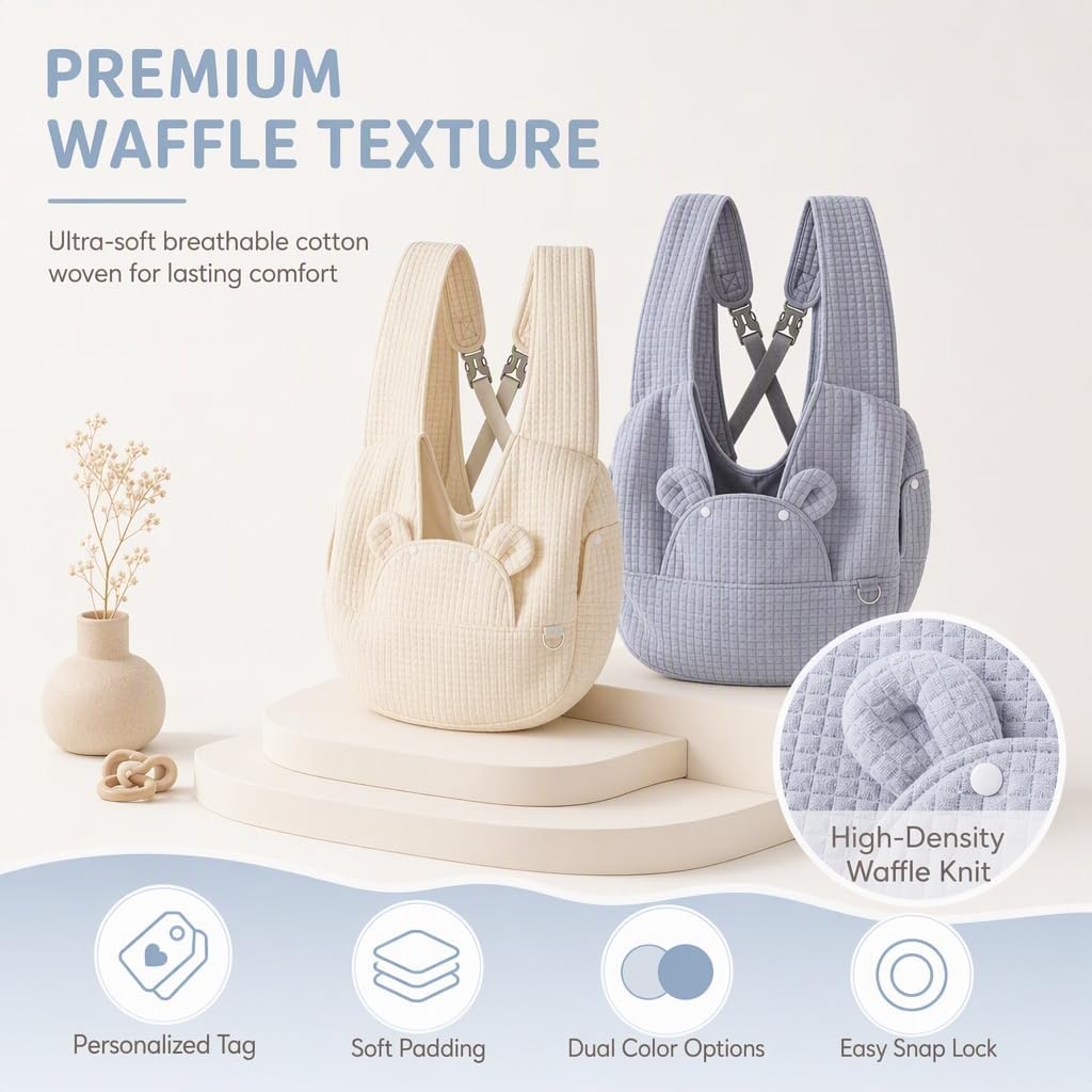 Name Pet Front Carrier Backpack, Personalized Waffle Puppy Sling Bag for Small Dogs & Cats（Off White）
