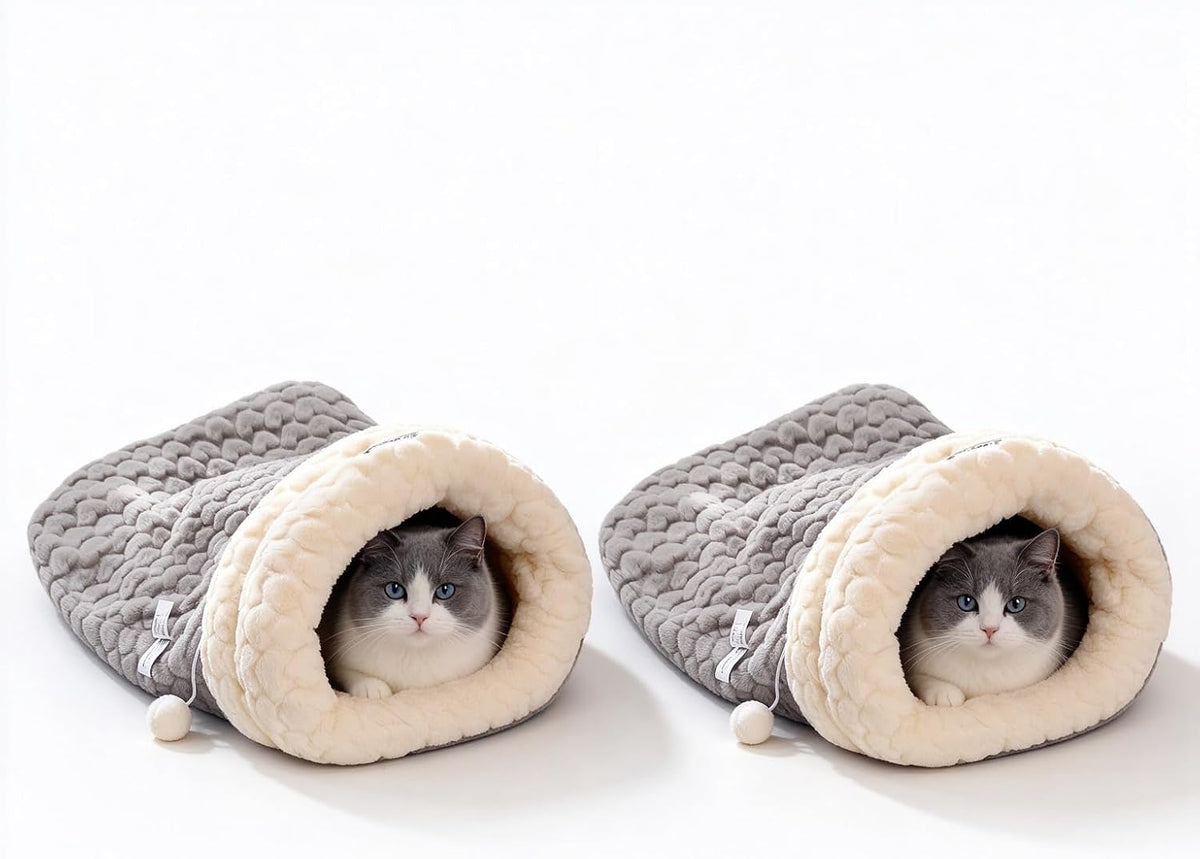2Pcs Cozy Cat Cave Bed Warm Plush Enclosed Cat Sleeping Bag for Indoor Cats