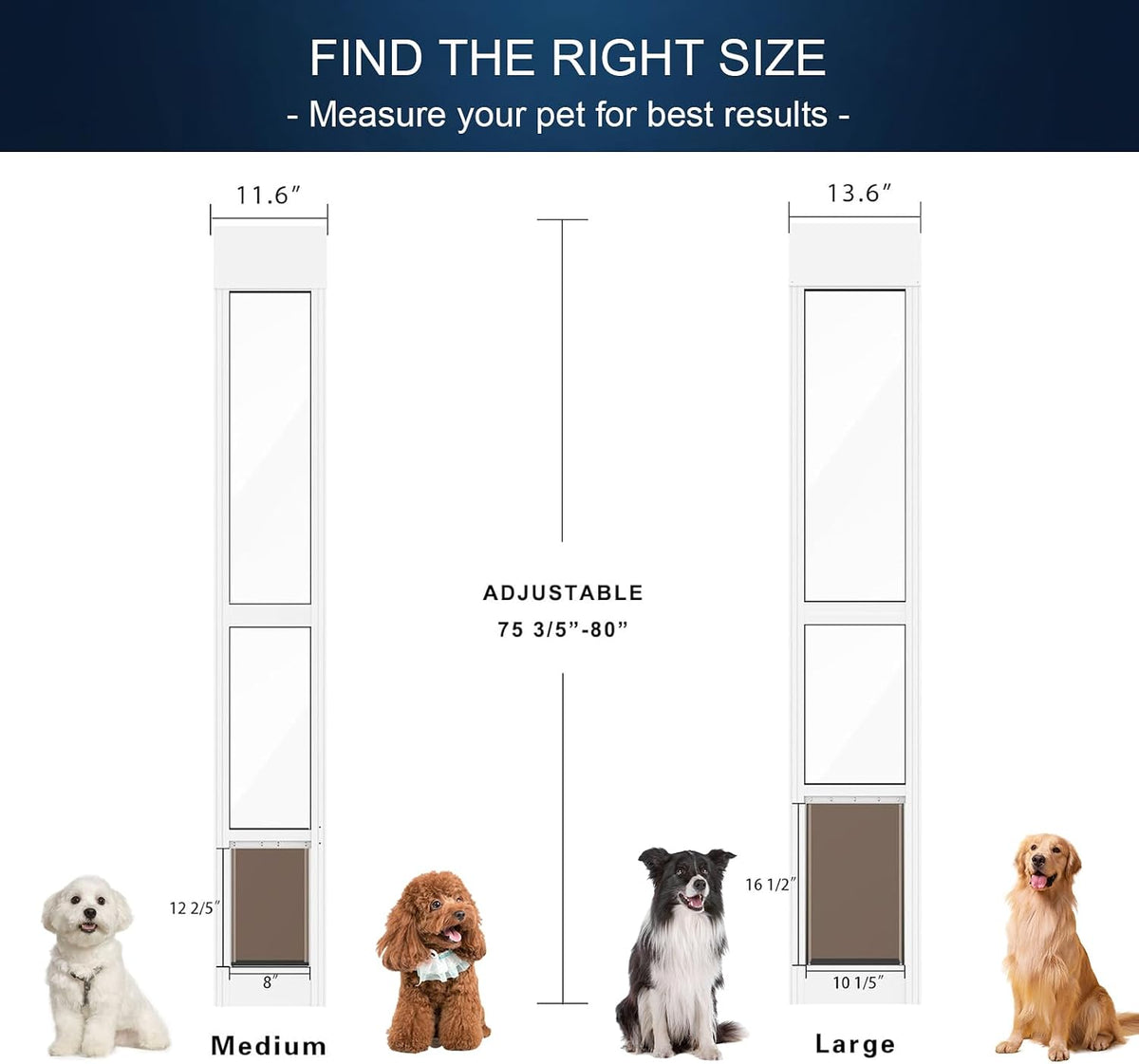 Dog Door for Sliding Glass Door, Adjustable Height 75 3/5" to 80", Aluminum Frame Sliding Door Dog Door Insert, Suitable