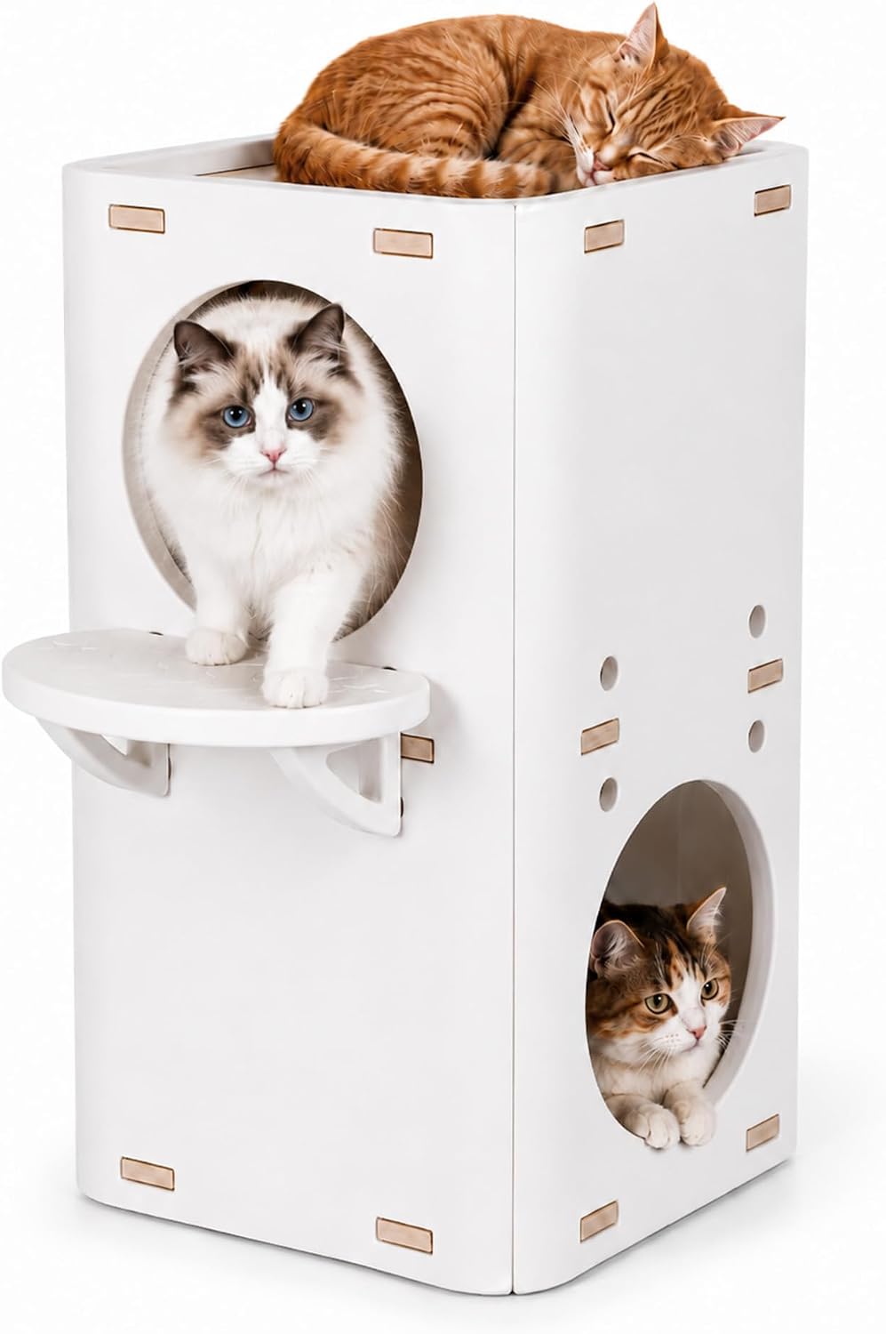 2-Storey Cat House Tower, Waterproof HDPE Plastic Cat Condo with External Jumping Platform & Dual Hideaway Caves, Easy t