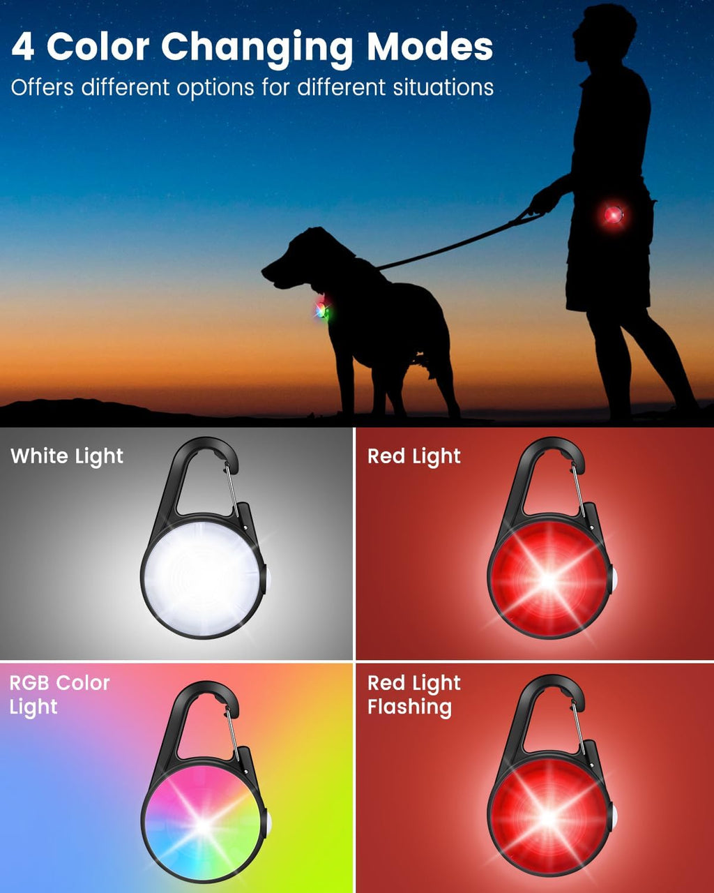 Dog Collar Light for Night Walking Clip On, 4 Modes & Rechargeable, 2 Pack