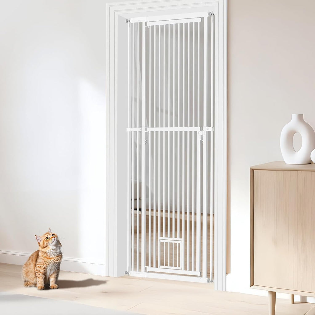 54"-87" Height Adjustable Extra Tall Cat Gate for Doorway, 27.1"-33" Wide Pet Gate with Cat Door & Extension Kits, Press