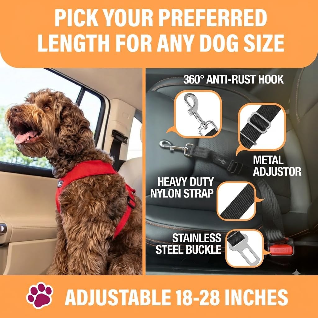 Black Car Seat Belt for Dogs, Attaches to Harness & Collar, Adjustable 18" - 24" Travel Restraint System Fits Small - La