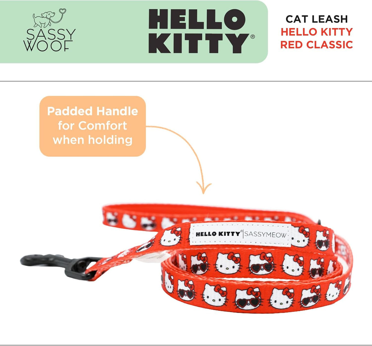 Sassy Woof Hello Kitty® Red Classic Cat Leash 60-Inch with Padded Handle