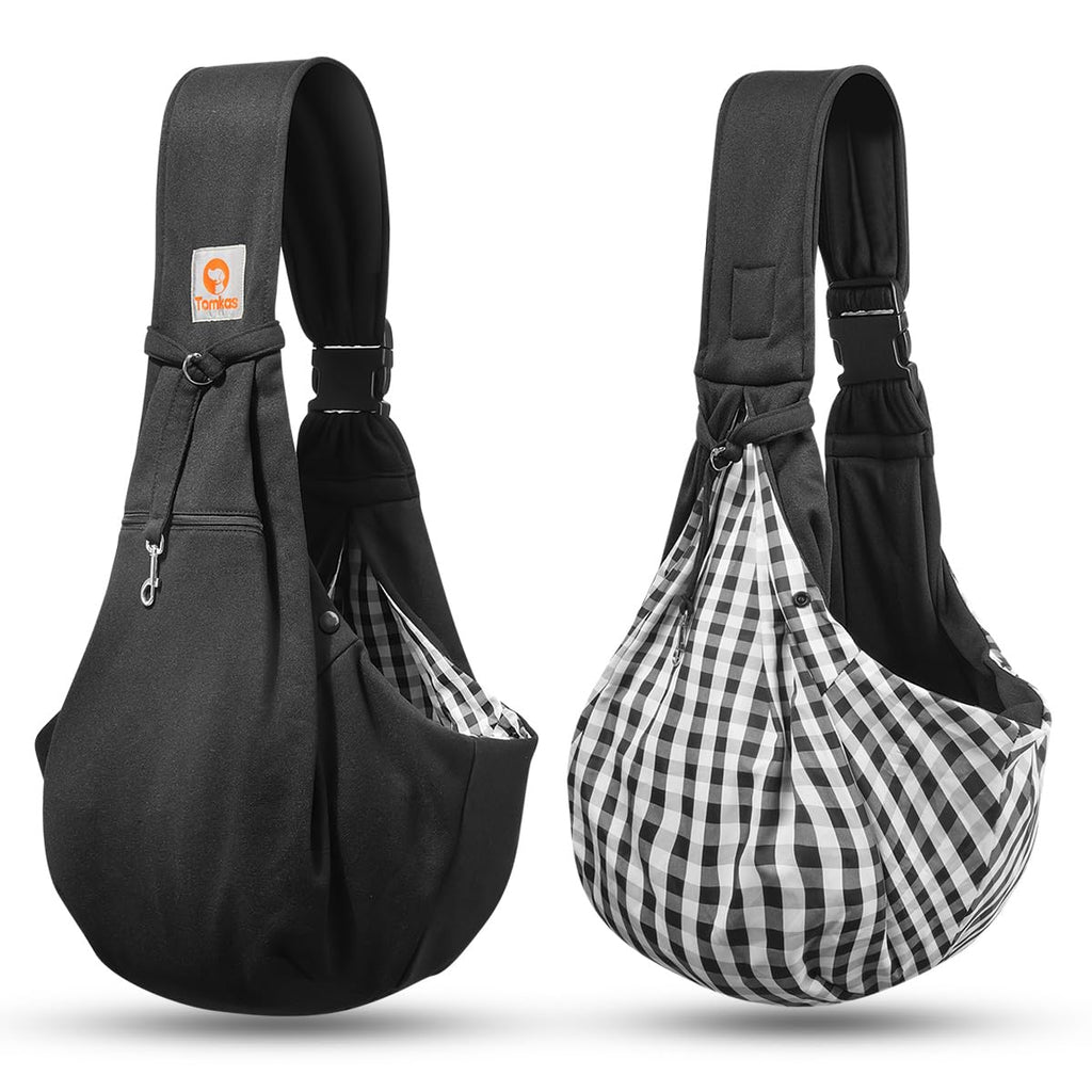 Tomkas Small Dog Cat Sling Carrier Puppy Purse Travel Wrap Soft Crossbody Pet Bag (Black1, M - Classic Pocket & Classic Strap)