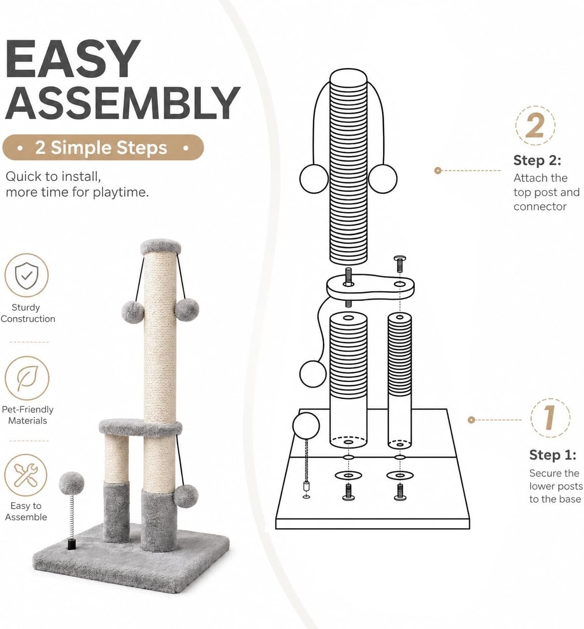 Dimaka Tall Cat Scratching Post, Double Lower Posts Extra Stable Cat Post Tree Scratcher with Sisal Rope and Teasing 4 B