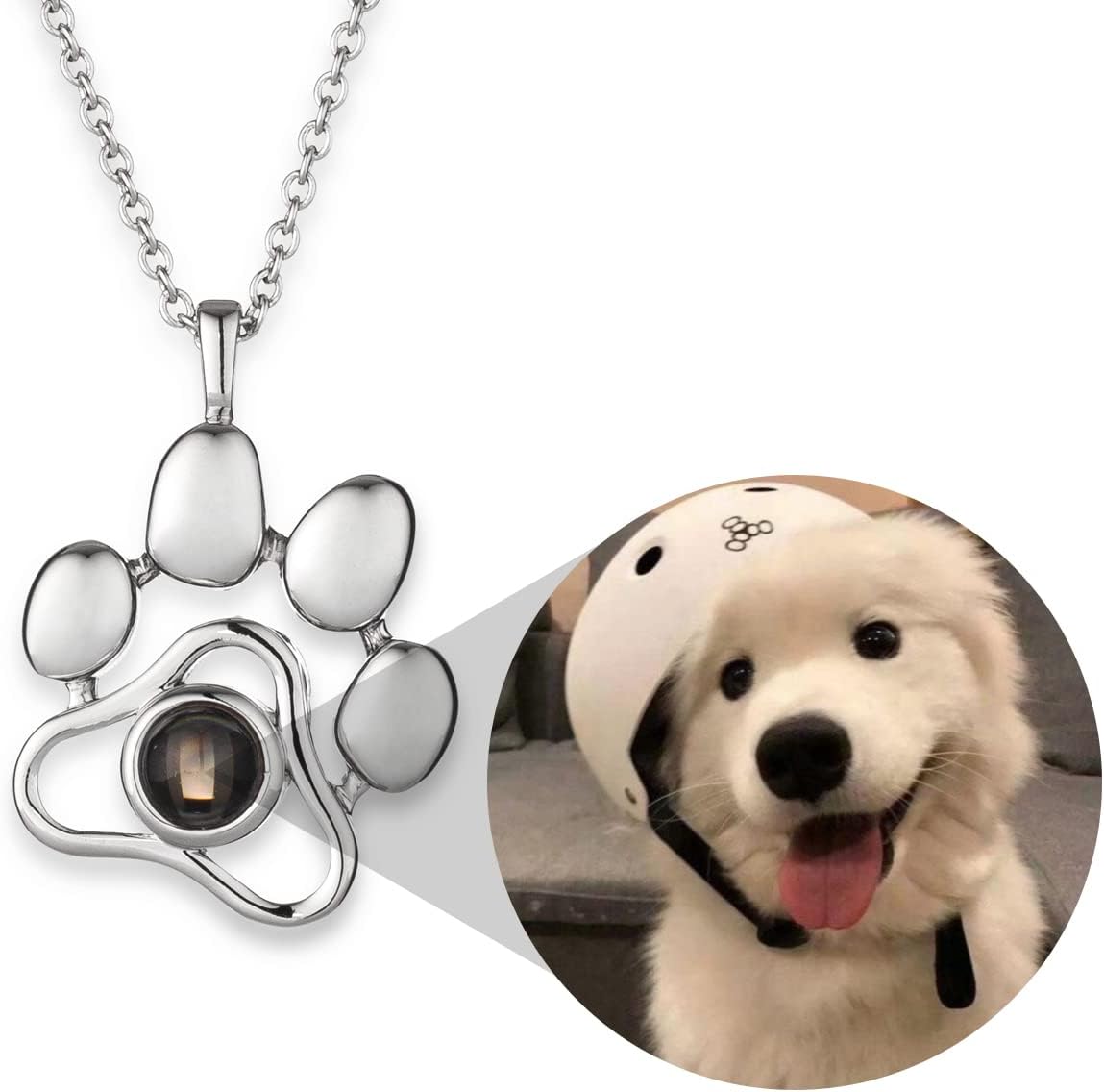 OPALSTOCK Personalized Pet Photo Necklace, Custom Photo Charm Projection Necklace Dog Cat Paw Pendant Pet Memorial Jewel