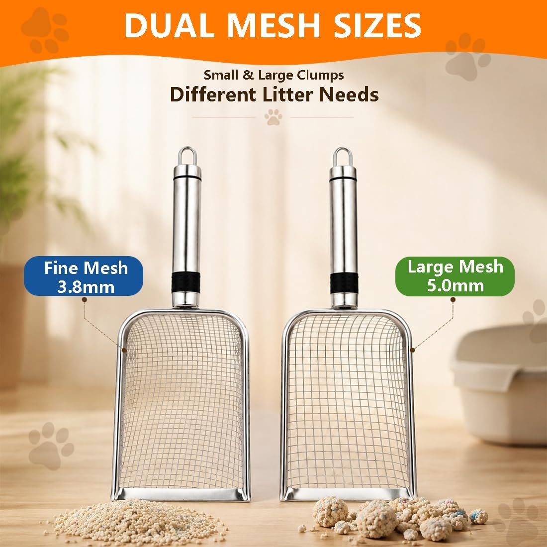 Cat Litter Scoop 2 Pack, Stainless Steel Handle, 3.8mm & 5mm Mesh Sifter