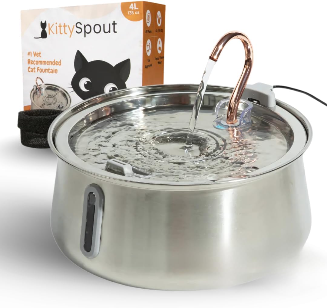 KittySpout Stainless Steel Cat Water Fountain Automatic Drinking Fountain, Quiet Circulating Water Bowl, Dishwasher Safe