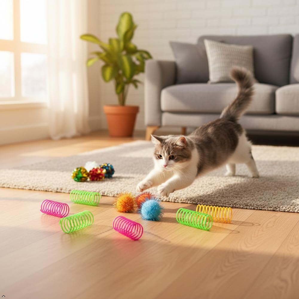 LASOCUHOO Cat Toys, 30 Packs Interactive Cat Toy Pack Including Cat Crinkle Balls, Cat Sparkle Balls, Spiral Springs for