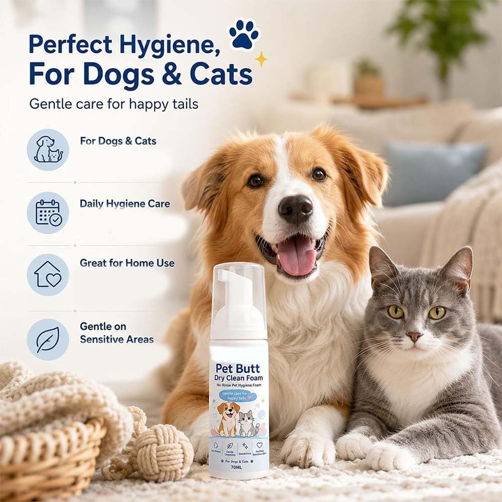 Pet Butt Dry Clean Foam for Dogs & Cats, Gentle Care & Cleansing