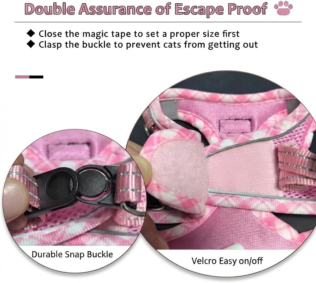 Escape Proof Cat Harness and Leash, Adjustable Vest, Pink, M