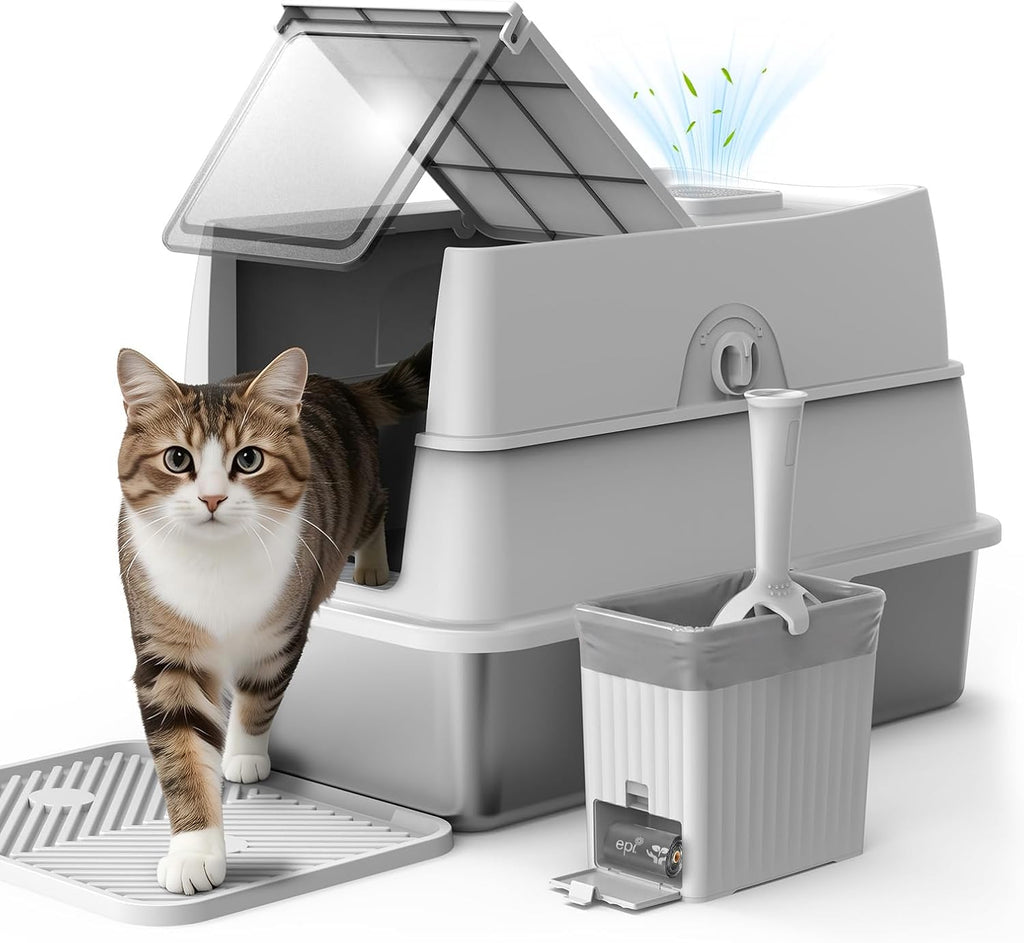 Stainless Steel Litter Box with Lid | XL Enclosed Covered Cat Litter Box