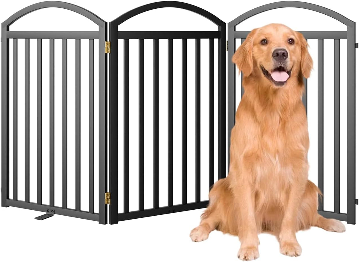 4 Panels Full Matel Freestanding Dog Gates with Door, 96"Extra Wide 32"Tall Free Standing Dog Pet Gate for Indoor & Outd