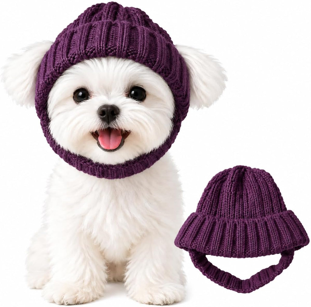 Warm Knitted Dog Beanie Hat with Ear Holes, Stretch Ribbed Winter Pet Headwear with Chin Strap, Cute Cold Weather Dog Ca