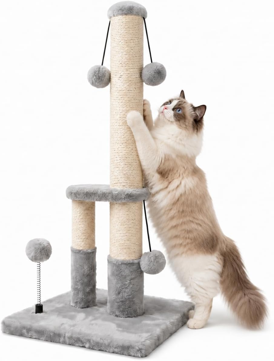Dimaka Tall Cat Scratching Post, Double Lower Posts Extra Stable Cat Post Tree Scratcher with Sisal Rope and Teasing 4 B