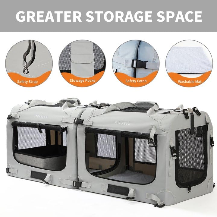 Petseek Extra Large Cat Carrier Soft Sided, Portable Small Dog Carrier for 2 Cats, 24"x16.5"x16" Car Travel Folding Comfortable Design with Litter Box and Bowls, Grey-2+ Litter Box+ Bowl*2