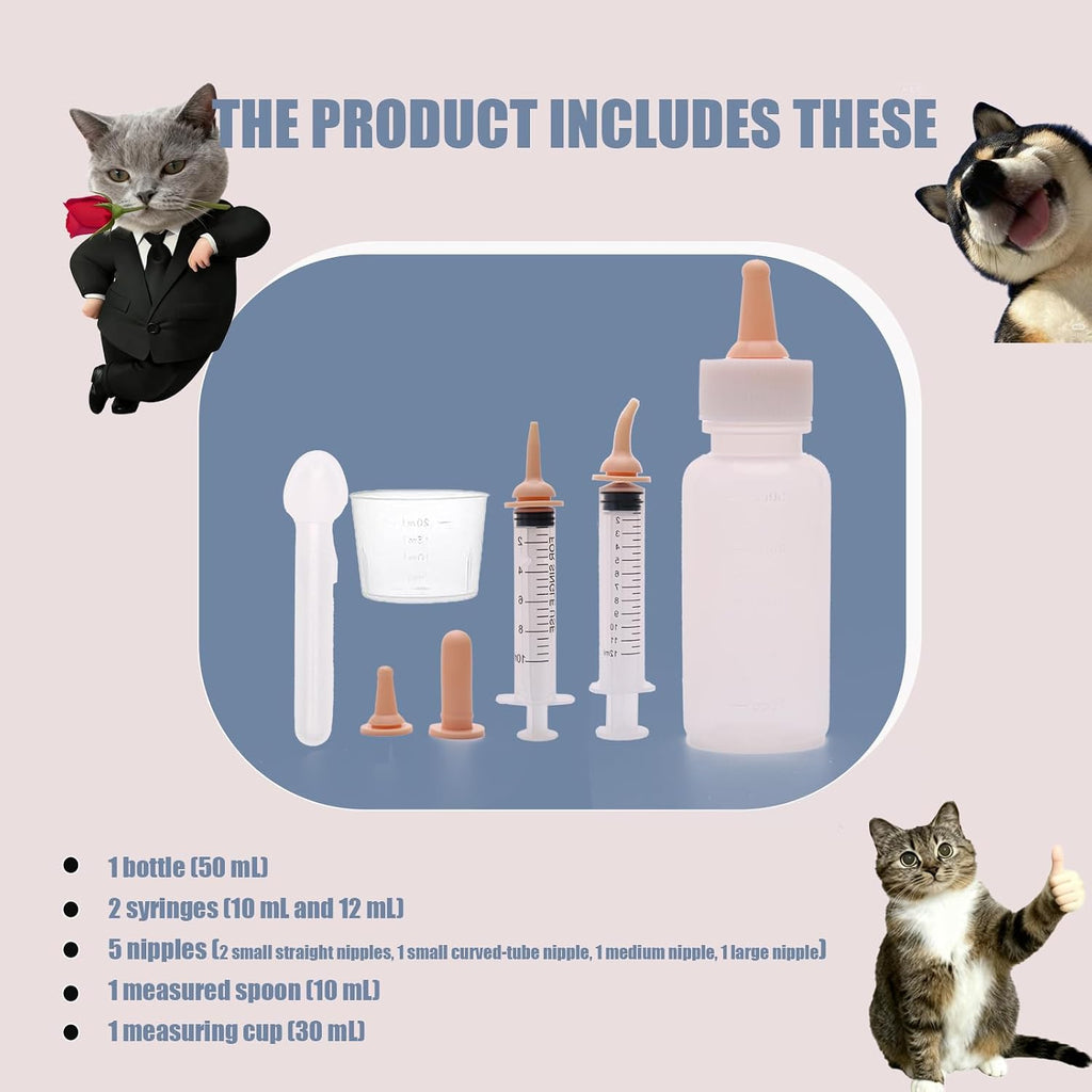 Newborn Pet Feeding Kit, Kitten Bottle Feeding Set with Nursing Nipples, Portable Storage, Emergency Ready, Replaceable 