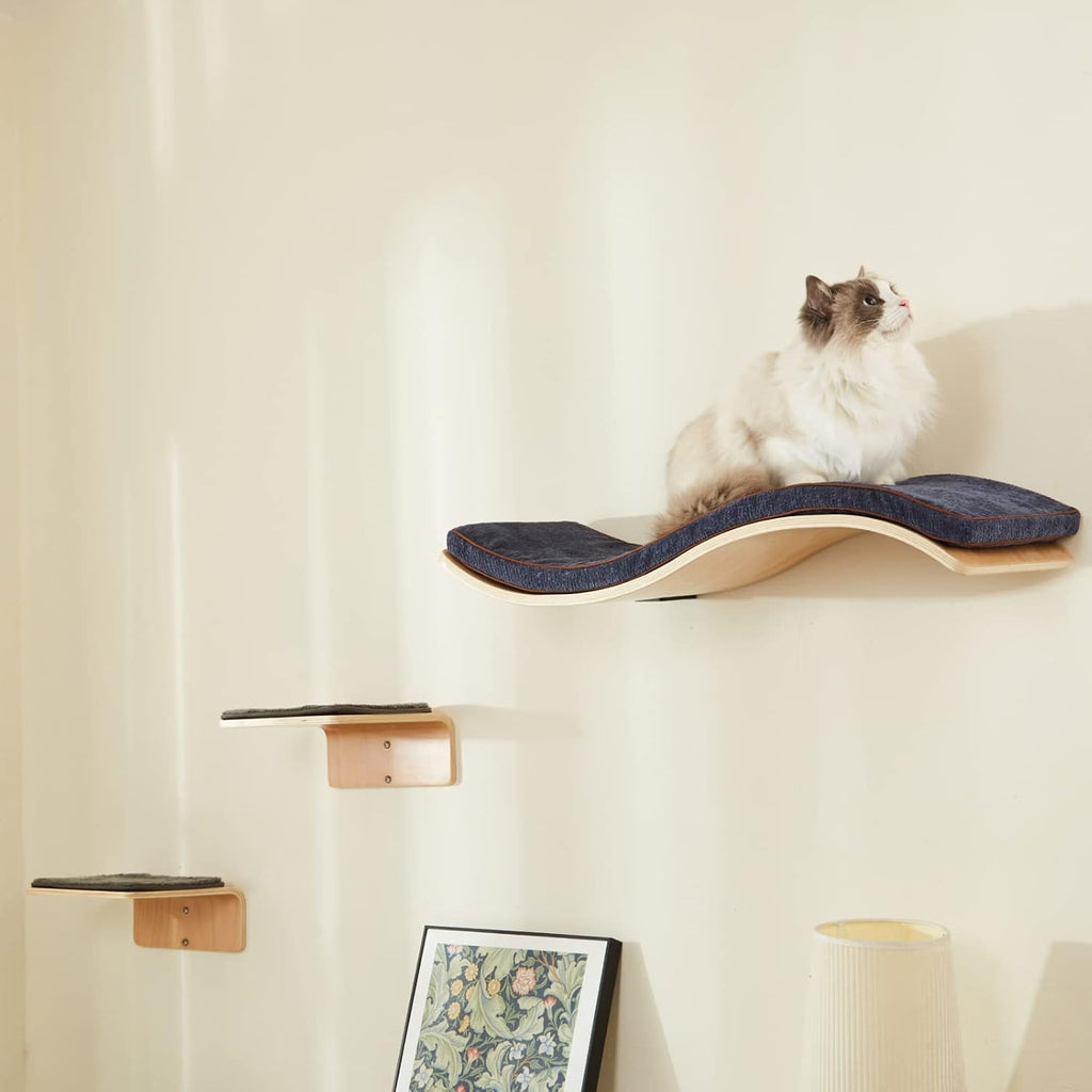 2 Set Cat Wall Steps - Wooden Cat Climbing Shelf for Wall - Cats Wall Stairs with Scratching Mat - Wall Mounted Cats Fur