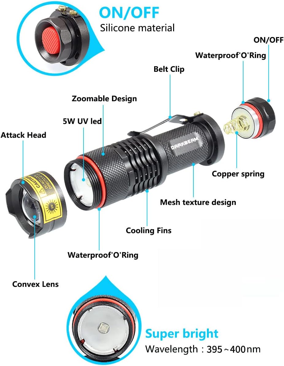 DARKBEAM UV 395nm Flashlight Blacklight Wood's lamp Black Light Mini, 400nm
