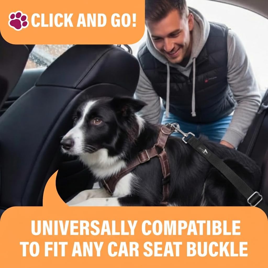 Black Car Seat Belt for Dogs, Attaches to Harness & Collar, Adjustable 18" - 24" Travel Restraint System Fits Small - La
