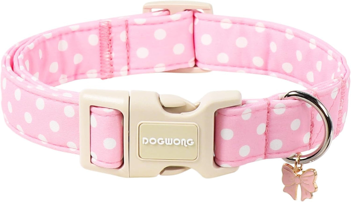 Spring Summer Dog Collar for Girl Dogs- Pink Polka Female Dog Collar, Adjustable Soft Beach Dots Dogs Collars for Small 