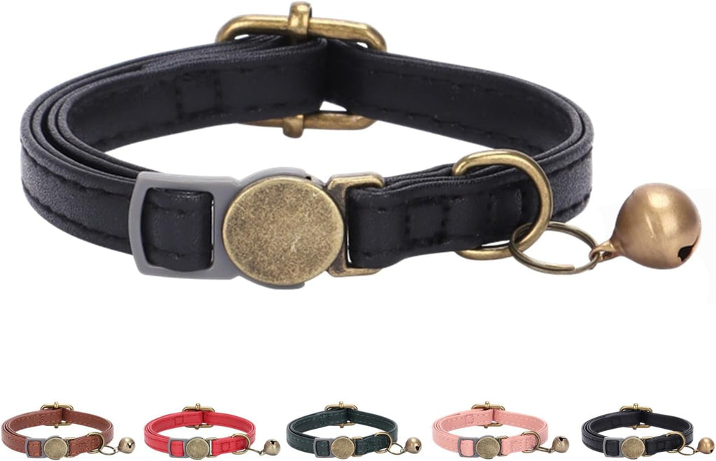 THAIN Leather Cat Collar with Bell Breakaway- Adjustable, Durable, Retro Bell fit Most Cats and Kittens (Brown)