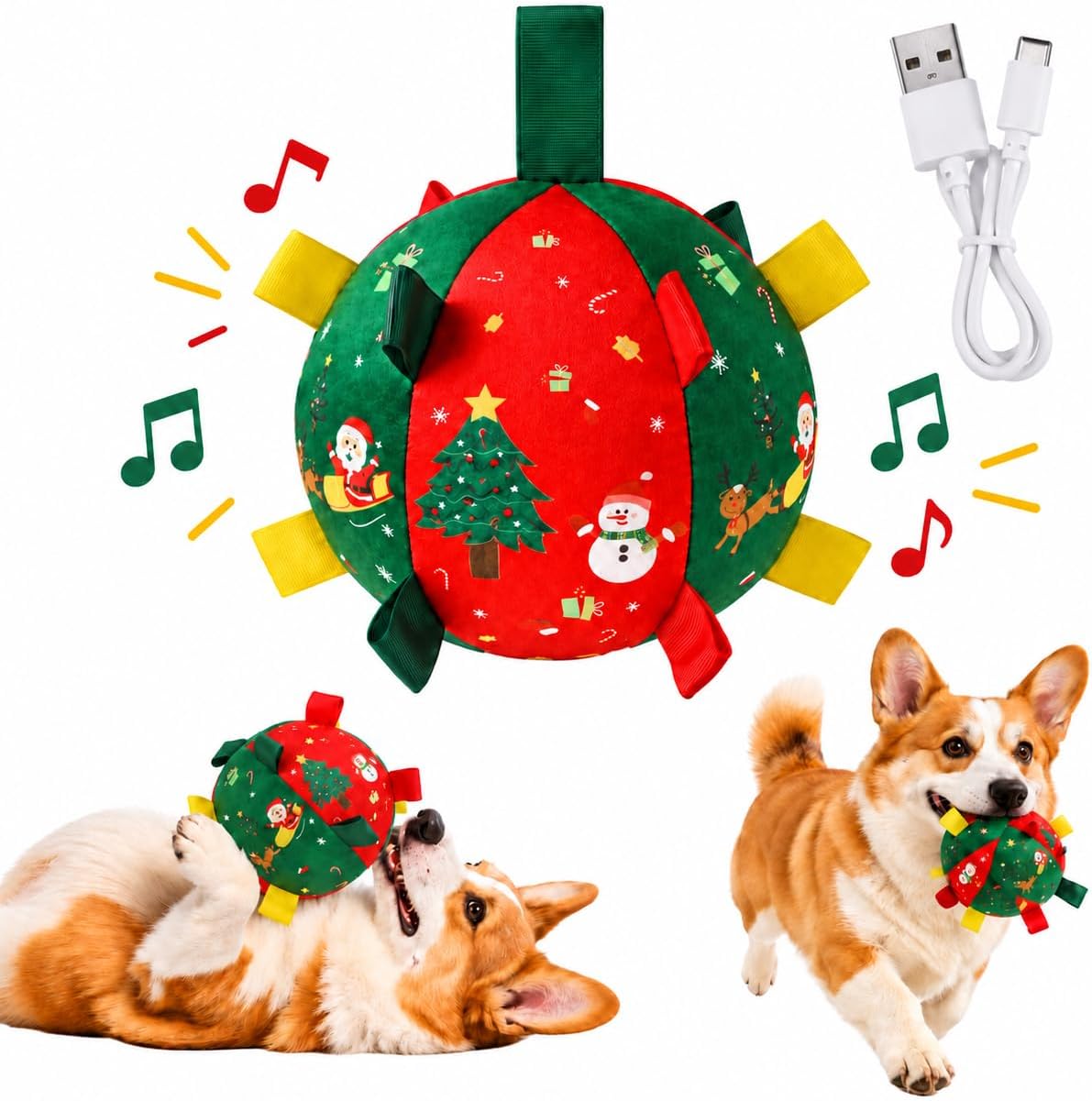 Interactive Dog Ball Rope Toy,Christmas Soccer Ball Toy with Straps for Small and Medium Dogs，Bell Version