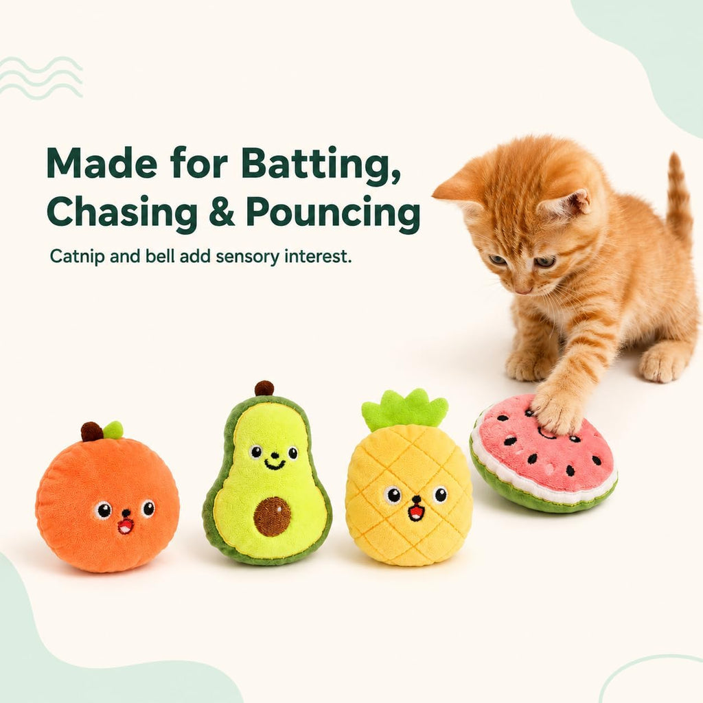 4-Pack Catnip Toys for Cats with Bells, Fruit-Shaped Soft Plush Interactive Set in Gift Box for Indoor Cats and Kittens,