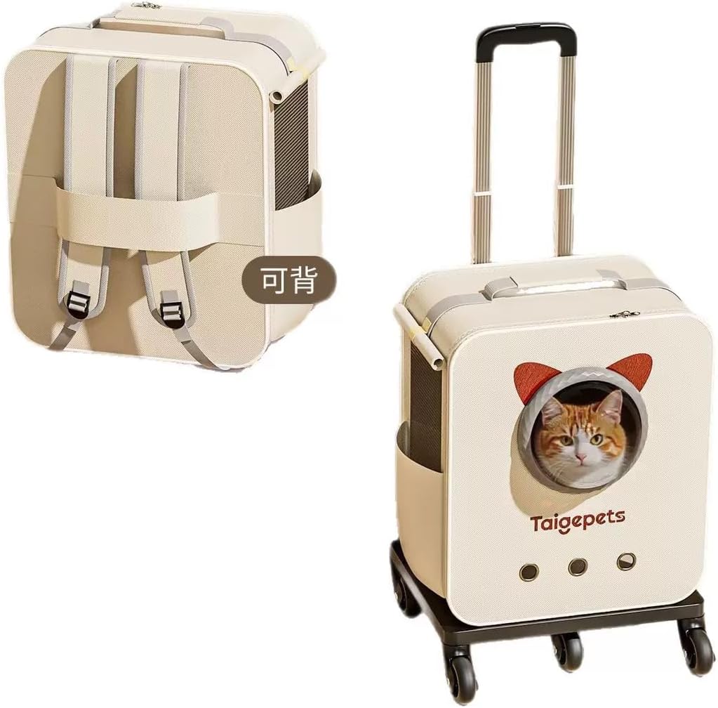 Rolling Cat Carrier Backpack with Wheels, Large Breathable Pet Travel Bag, Lightweight Space Capsule Pet Luggage Carrier