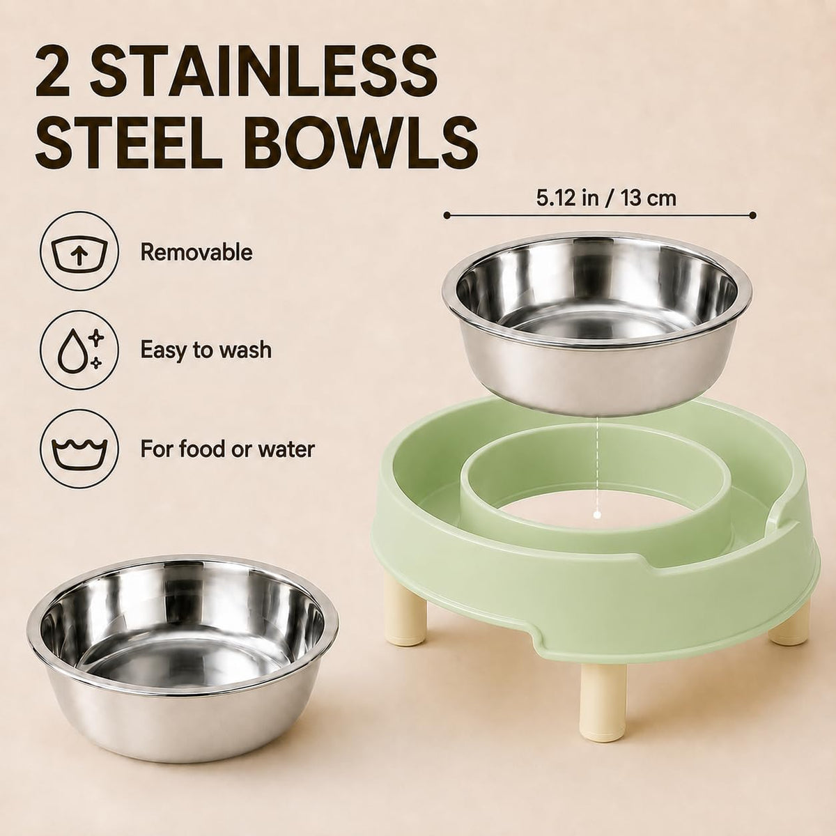 Ant Proof Elevated Cat Bowls with Stainless Steel Bowls (Green-2Pcs)
