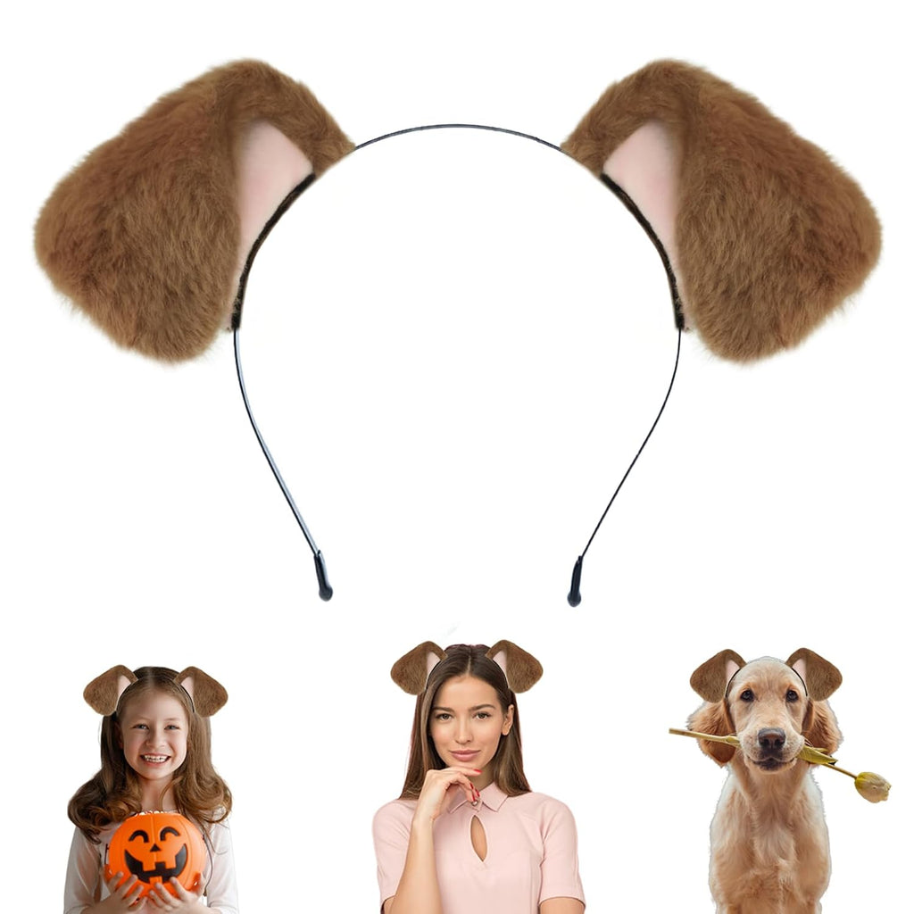 Beviliu Dog Ears Golden Movable, Realistic Animals Ears Headband Brown, Fluffy Cat Bunny Bear Costume Halloween Christma