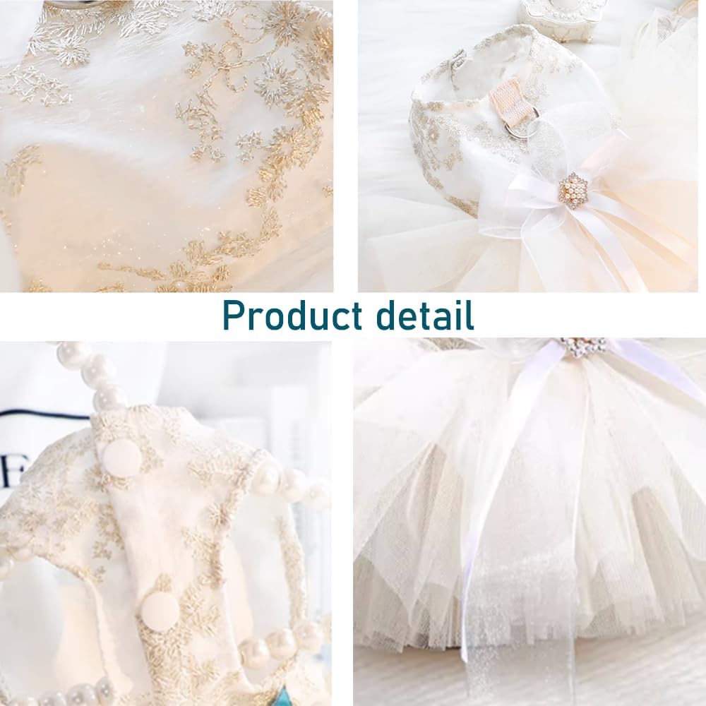 Fancy Dog Dresses with Leash Ring, Embroidered Dog Wedding Dress, Bow Puppy Clothes for Small pet Girl Multi-Layer Lace 