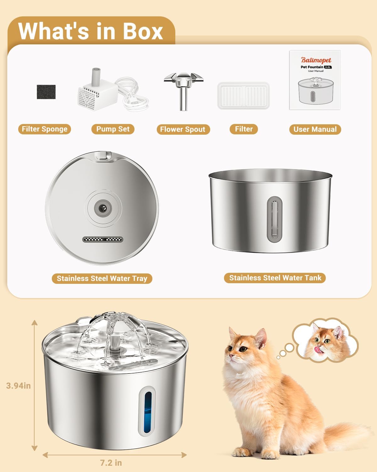 Cat Water Fountain Stainless Steel - 74oz/2.2L Automatic Large Pet Watering Bowl Dispenser for Indoor Dogs - Drinking Fo