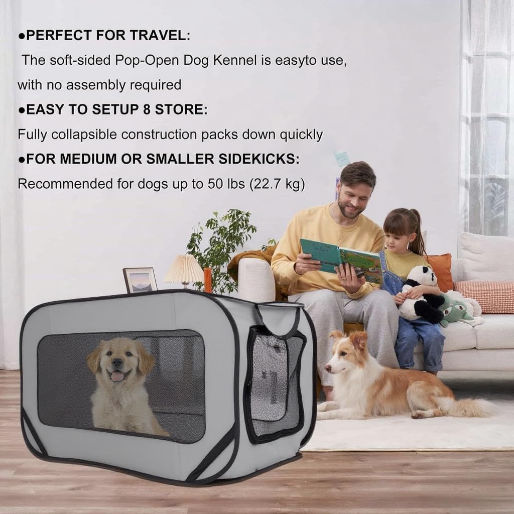 Foldable Dog Kennel for Medium Dogs 36-inch, Portable Waterproof Dog Crate, Pop-Up Indoor/Outdoor Pet Cage & Car Seat Tr