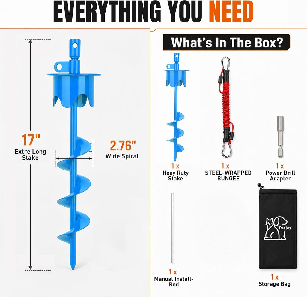 17" Heavy Duty Dog Tie Out Stake with Buffer Rope for Large Dogs
