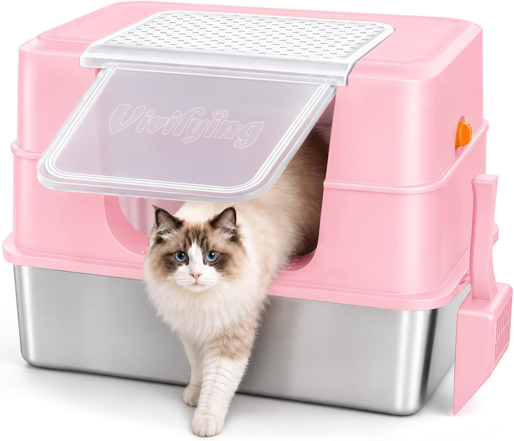 Vivifying XL Stainless Steel Cat Litter Box with Lid, Side Entry, Black